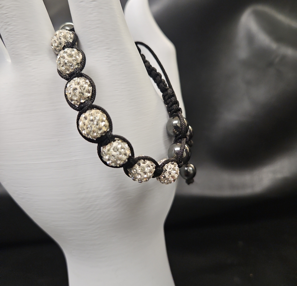 Sparkling Crystal Bead Macramé Bracelet - Black and Silver